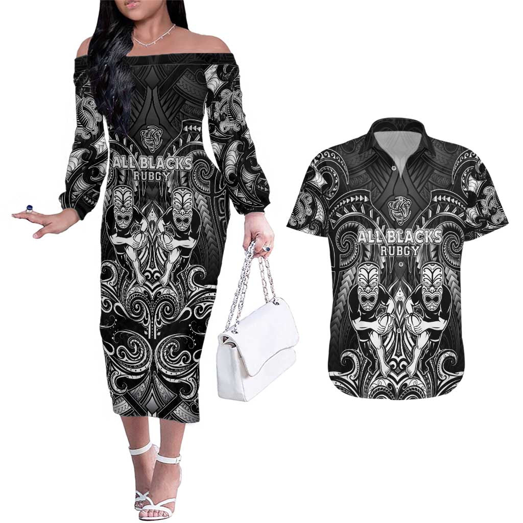 Personalized All Black Couples Matching Off The Shoulder Long Sleeve Dress and Hawaiian Shirt New Zealand Rugby Mascot Maori