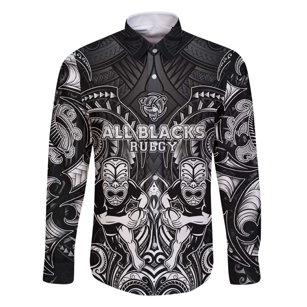 Personalized All Black Family Matching Off The Shoulder Long Sleeve Dress and Hawaiian Shirt New Zealand Rugby Mascot Maori