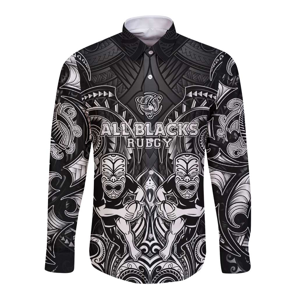 Personalized All Black Long Sleeve Button Shirt New Zealand Rugby Mascot Maori