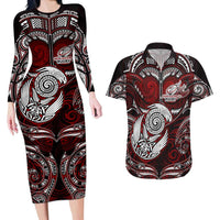 Personalized New Zealand Aotearoa Rugby Couples Matching Long Sleeve Bodycon Dress and Hawaiian Shirt Maori Fern Tattoo Art DT02 Red - Polynesian Pride