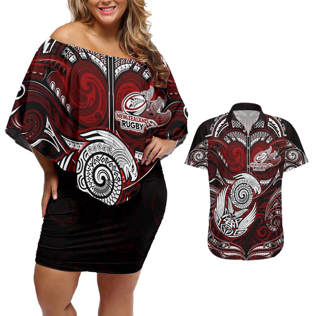 Personalized New Zealand Aotearoa Rugby Couples Matching Off Shoulder Short Dress and Hawaiian Shirt Maori Fern Tattoo Art DT02 Red - Polynesian Pride