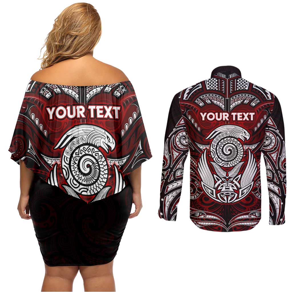Personalized New Zealand Aotearoa Rugby Couples Matching Off Shoulder Short Dress and Long Sleeve Button Shirt Maori Fern Tattoo Art