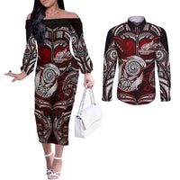 Personalized New Zealand Aotearoa Rugby Couples Matching Off The Shoulder Long Sleeve Dress and Long Sleeve Button Shirt Maori Fern Tattoo Art DT02 Red - Polynesian Pride