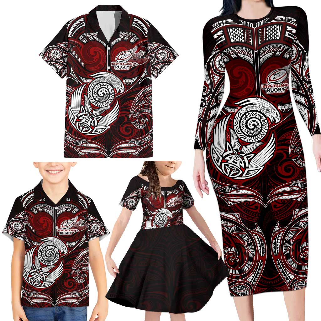 Personalized New Zealand Aotearoa Rugby Family Matching Long Sleeve Bodycon Dress and Hawaiian Shirt Maori Fern Tattoo Art DT02 - Polynesian Pride