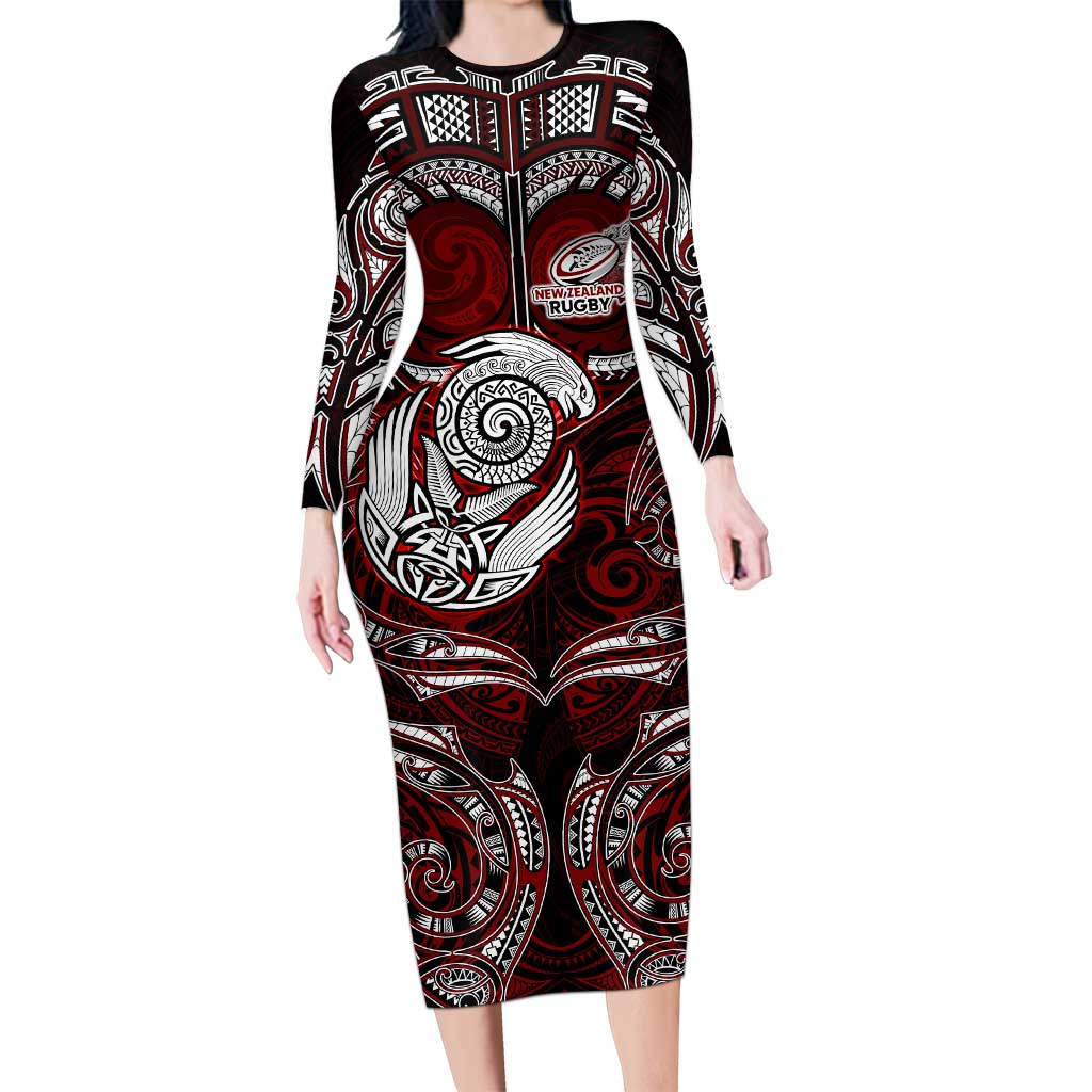 Personalized New Zealand Aotearoa Rugby Family Matching Long Sleeve Bodycon Dress and Hawaiian Shirt Maori Fern Tattoo Art DT02 Mom's Dress Red - Polynesian Pride