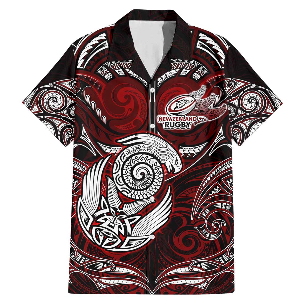 Personalized New Zealand Aotearoa Rugby Family Matching Mermaid Dress and Hawaiian Shirt Maori Fern Tattoo Art DT02 Dad's Shirt - Short Sleeve Red - Polynesian Pride