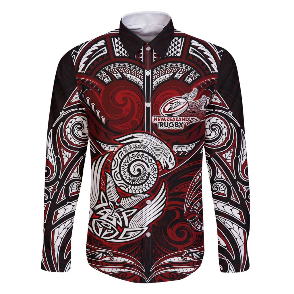 Personalized New Zealand Aotearoa Rugby Family Matching Mermaid Dress and Hawaiian Shirt Maori Fern Tattoo Art DT02 Dad's Shirt - Long Sleeve Red - Polynesian Pride