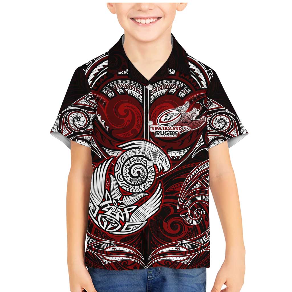 Personalized New Zealand Aotearoa Rugby Family Matching Mermaid Dress and Hawaiian Shirt Maori Fern Tattoo Art DT02 Son's Shirt Red - Polynesian Pride