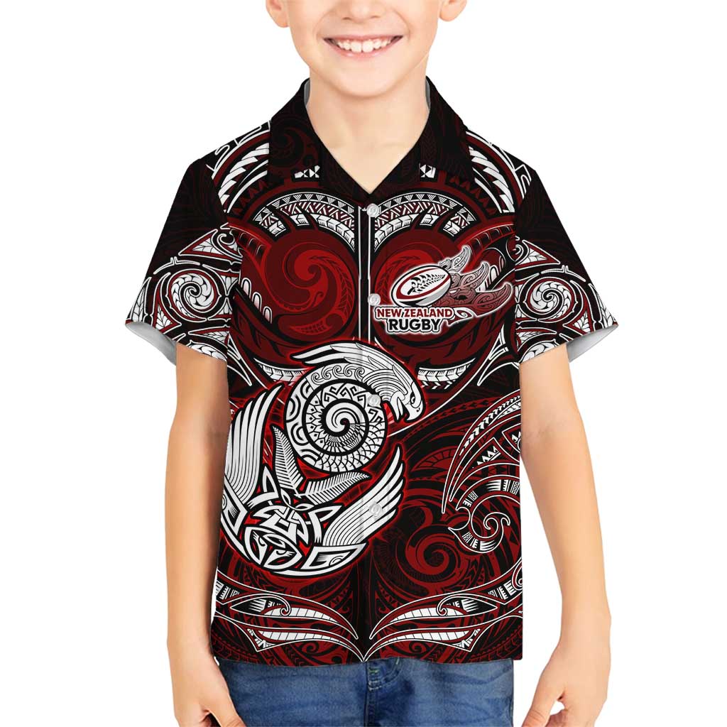 Personalized New Zealand Aotearoa Rugby Family Matching Off Shoulder Maxi Dress and Hawaiian Shirt Maori Fern Tattoo Art DT02 Son's Shirt Red - Polynesian Pride