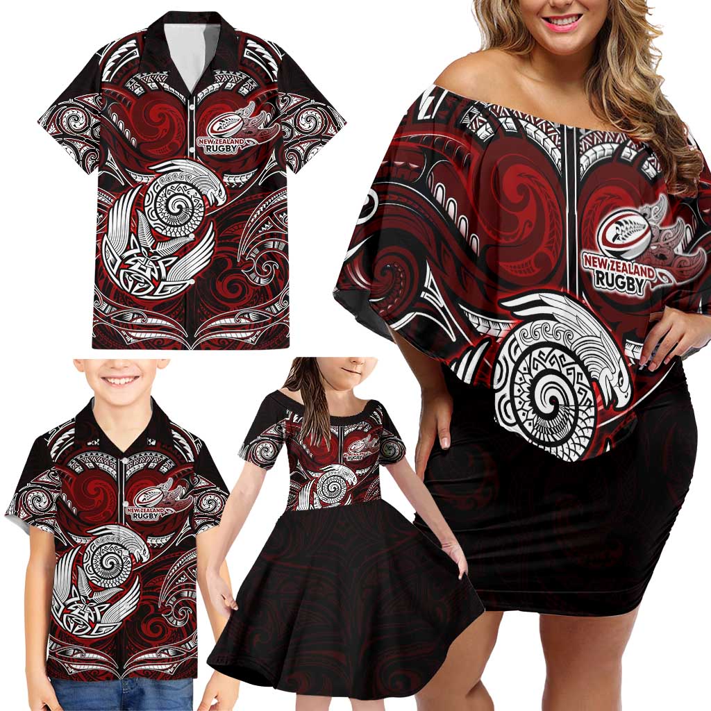 Personalized New Zealand Aotearoa Rugby Family Matching Off Shoulder Short Dress and Hawaiian Shirt Maori Fern Tattoo Art DT02 - Polynesian Pride