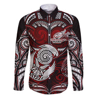 Personalized New Zealand Aotearoa Rugby Family Matching Short Sleeve Bodycon Dress and Hawaiian Shirt Maori Fern Tattoo Art DT02 Dad's Shirt - Long Sleeve Red - Polynesian Pride