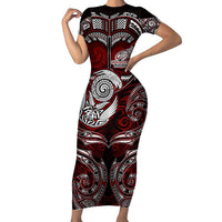 Personalized New Zealand Aotearoa Rugby Family Matching Short Sleeve Bodycon Dress and Hawaiian Shirt Maori Fern Tattoo Art DT02 Mom's Dress Red - Polynesian Pride