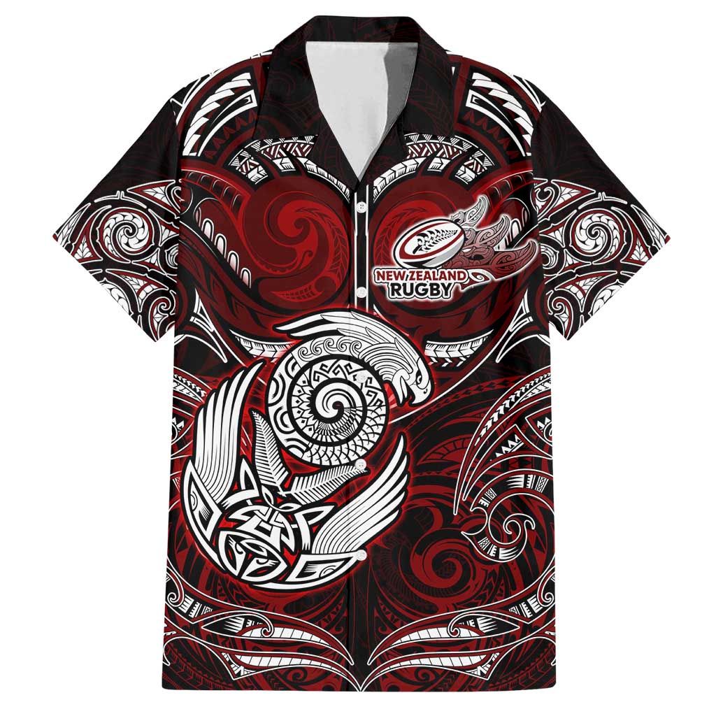 Personalized New Zealand Aotearoa Rugby Family Matching Summer Maxi Dress and Hawaiian Shirt Maori Fern Tattoo Art DT02 Dad's Shirt - Short Sleeve Red - Polynesian Pride