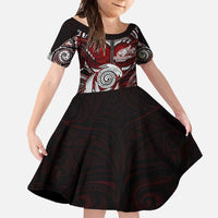 Personalized New Zealand Aotearoa Rugby Family Matching Tank Maxi Dress and Hawaiian Shirt Maori Fern Tattoo Art DT02 Daughter's Dress Red - Polynesian Pride