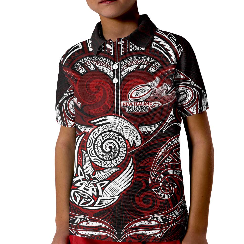 Personalized New Zealand Aotearoa Rugby Kid Polo Shirt Maori Fern Tattoo Art