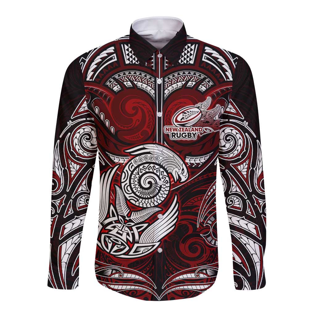 Personalized New Zealand Aotearoa Rugby Long Sleeve Button Shirt Maori Fern Tattoo Art DT02 Unisex Red - Polynesian Pride