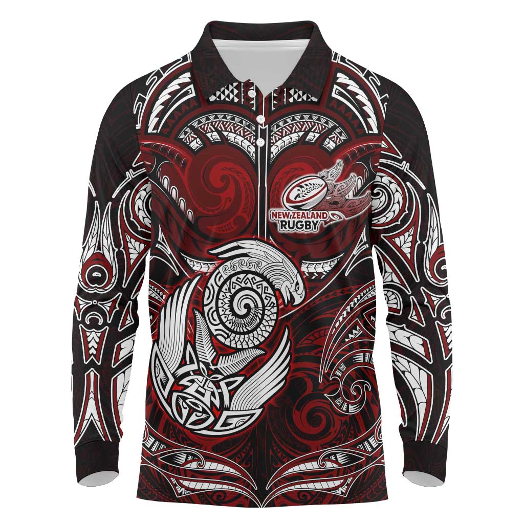 Personalized New Zealand Aotearoa Rugby Long Sleeve Polo Shirt Maori Fern Tattoo Art