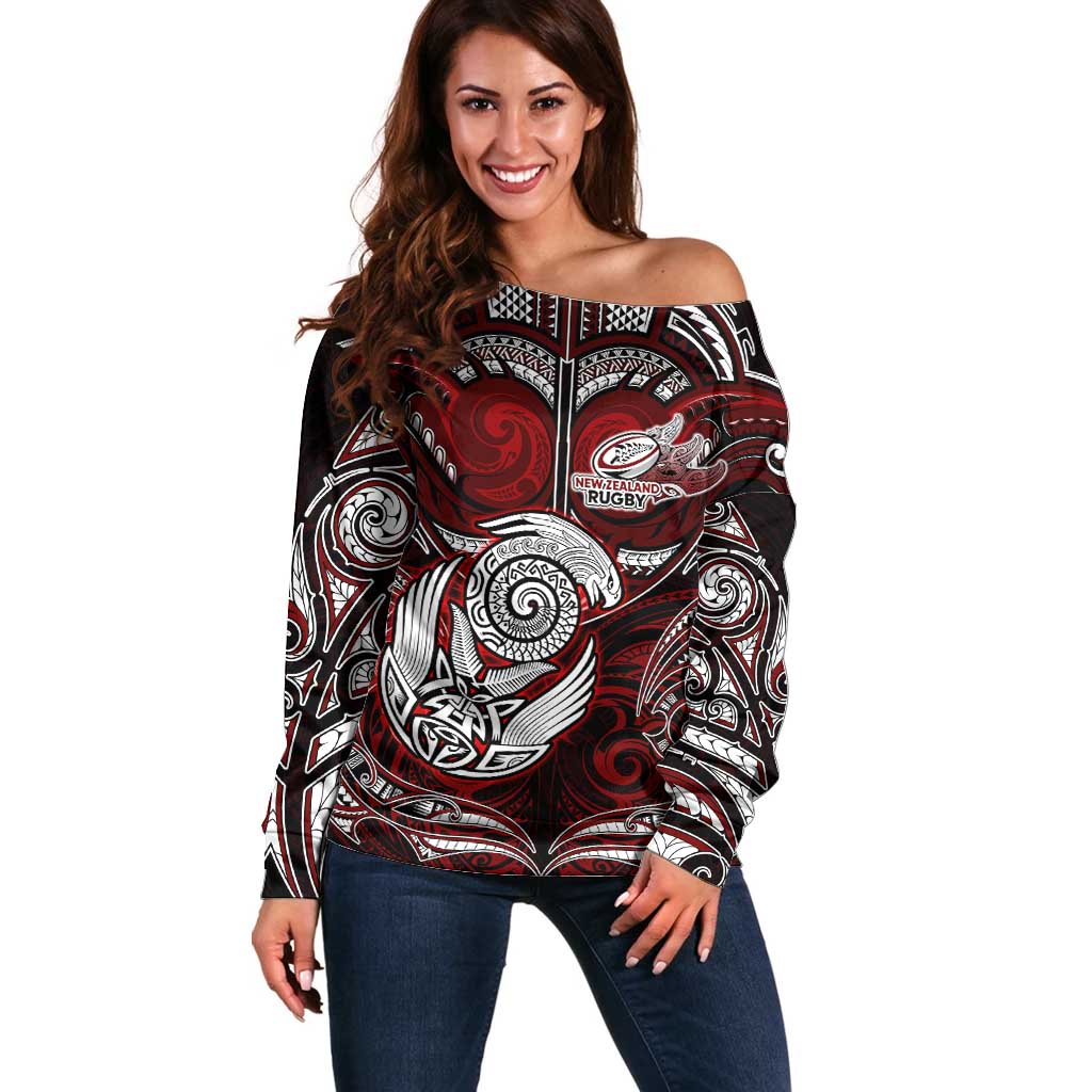 Personalized New Zealand Aotearoa Rugby Off Shoulder Sweater Maori Fern Tattoo Art