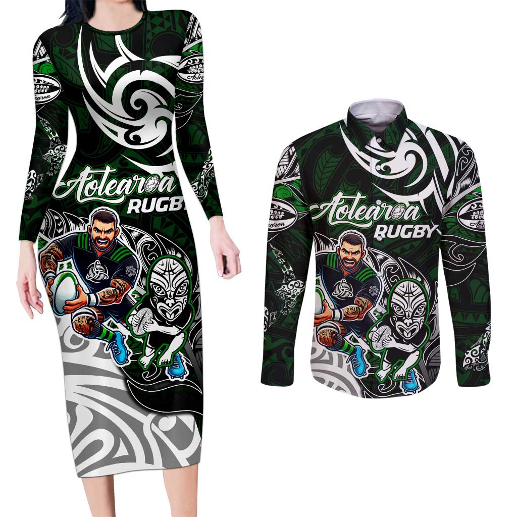 Personalized NZ Aotearoa Rugby Couples Matching Long Sleeve Bodycon Dress and Long Sleeve Button Shirt New Zealand Silver Fern DT02 Green - Polynesian Pride
