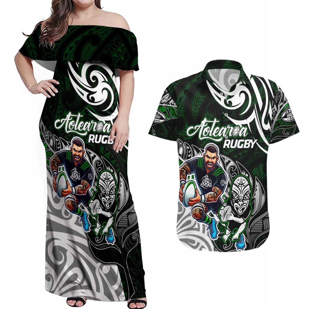 Personalized NZ Aotearoa Rugby Couples Matching Off Shoulder Maxi Dress and Hawaiian Shirt New Zealand Silver Fern DT02 Green - Polynesian Pride