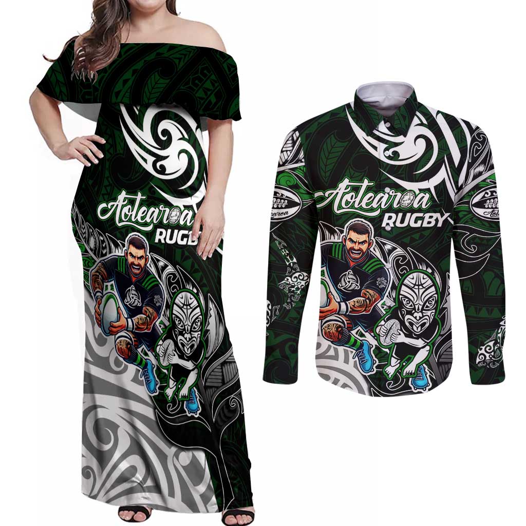 Personalized NZ Aotearoa Rugby Couples Matching Off Shoulder Maxi Dress and Long Sleeve Button Shirt New Zealand Silver Fern DT02 Green - Polynesian Pride