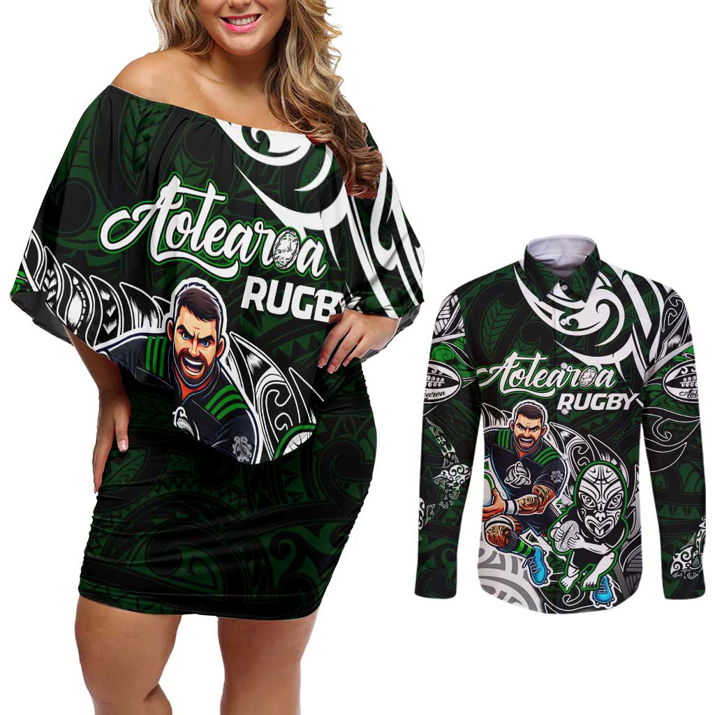 Personalized NZ Aotearoa Rugby Couples Matching Off Shoulder Short Dress and Long Sleeve Button Shirt New Zealand Silver Fern DT02 Green - Polynesian Pride