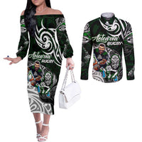 Personalized NZ Aotearoa Rugby Couples Matching Off The Shoulder Long Sleeve Dress and Long Sleeve Button Shirt New Zealand Silver Fern DT02 Green - Polynesian Pride