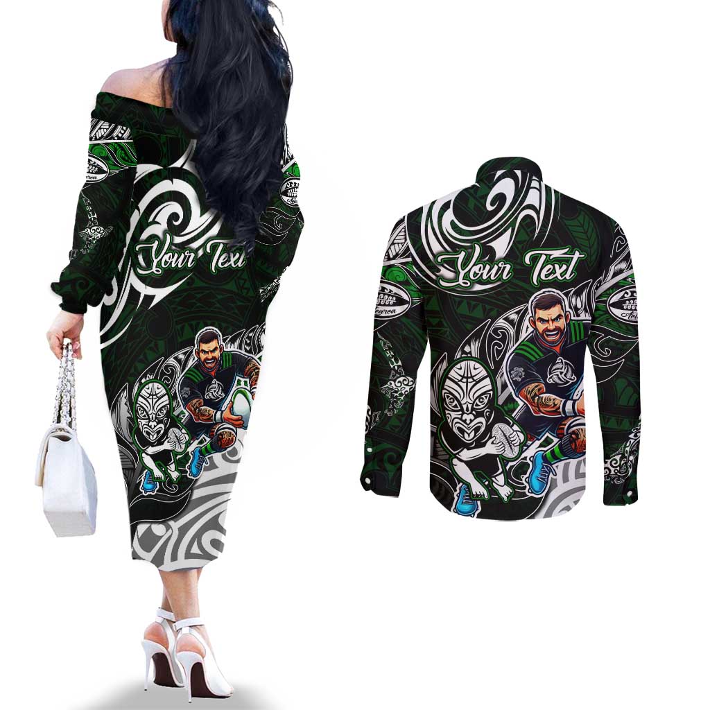 Personalized NZ Aotearoa Rugby Couples Matching Off The Shoulder Long Sleeve Dress and Long Sleeve Button Shirt New Zealand Silver Fern DT02 - Polynesian Pride