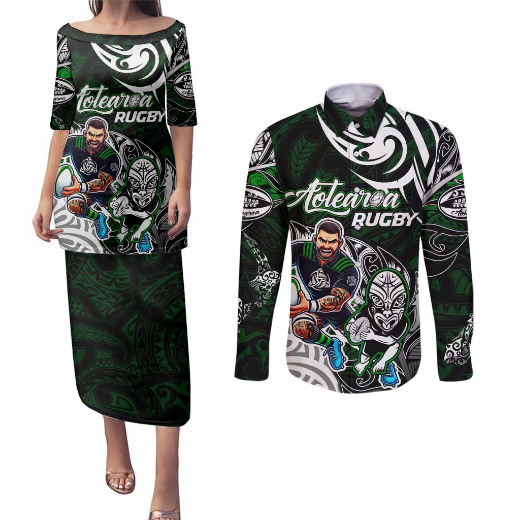 Personalized NZ Aotearoa Rugby Couples Matching Puletasi and Long Sleeve Button Shirt New Zealand Silver Fern DT02 Green - Polynesian Pride
