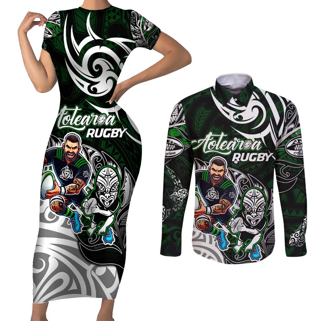 Personalized NZ Aotearoa Rugby Couples Matching Short Sleeve Bodycon Dress and Long Sleeve Button Shirt New Zealand Silver Fern DT02 Green - Polynesian Pride