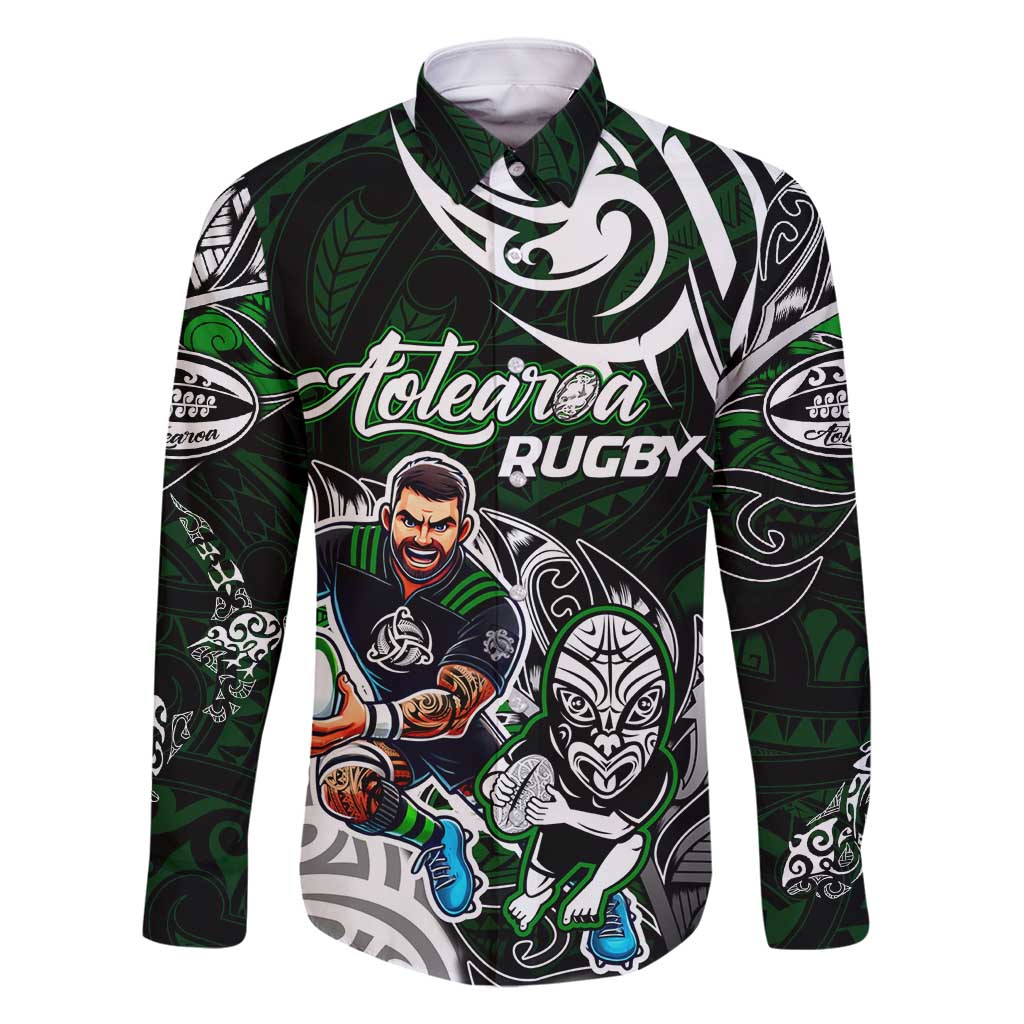 Personalized NZ Aotearoa Rugby Family Matching Mermaid Dress and Hawaiian Shirt New Zealand Silver Fern DT02 Dad's Shirt - Long Sleeve Green - Polynesian Pride