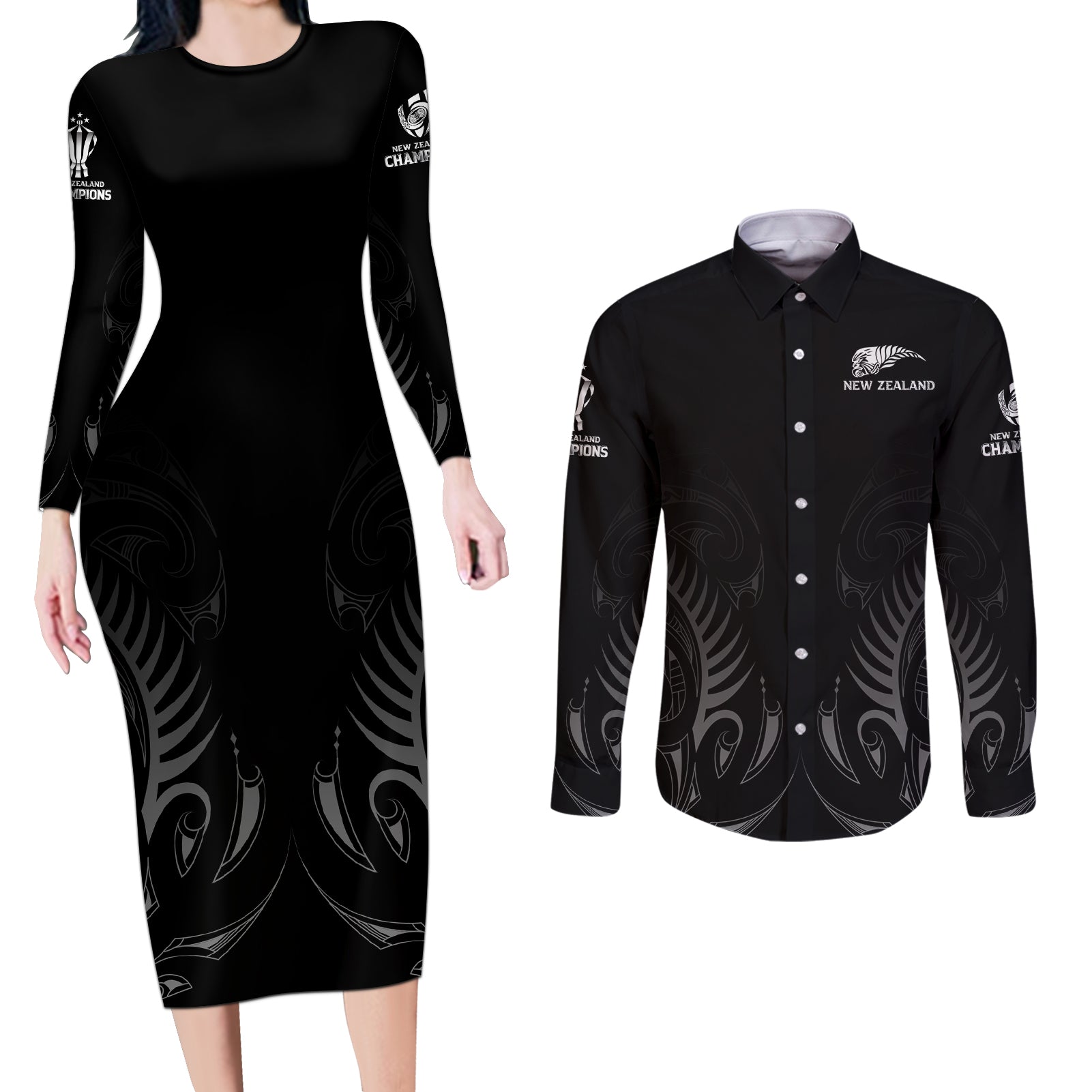 New Zealand Couples Matching Long Sleeve Bodycon Dress and Long Sleeve Button Shirt Rugby 2023 Champions Black DT02 Black - Polynesian Pride