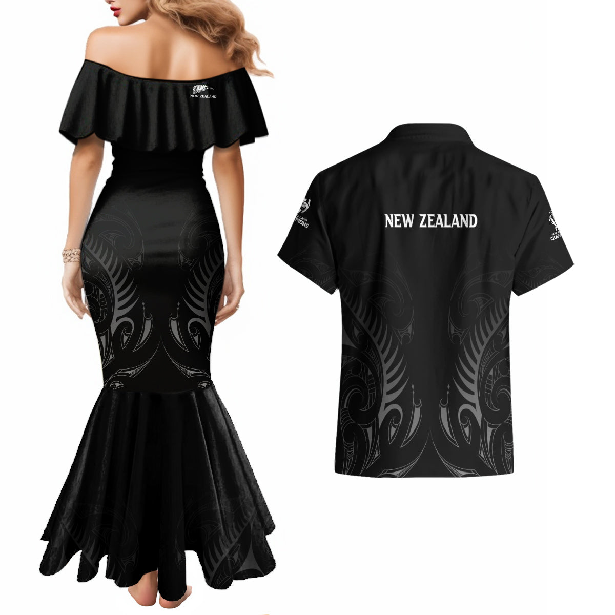 New Zealand Couples Matching Mermaid Dress and Hawaiian Shirt Rugby 2023 Champions Black DT02 - Polynesian Pride