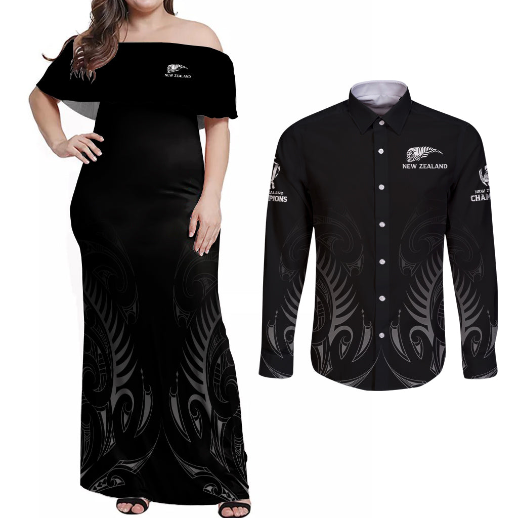 New Zealand Couples Matching Off Shoulder Maxi Dress and Long Sleeve Button Shirt Rugby 2023 Champions Black DT02 Black - Polynesian Pride