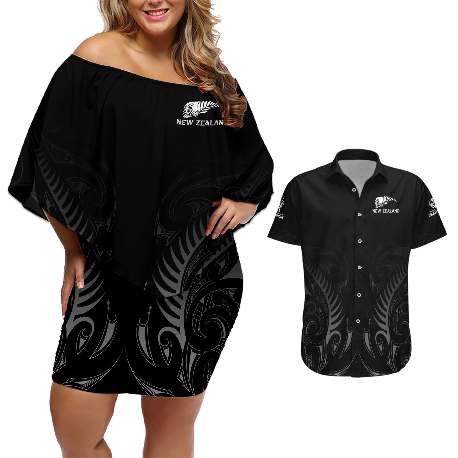 New Zealand Couples Matching Off Shoulder Short Dress and Hawaiian Shirt Rugby 2023 Champions Black DT02 Black - Polynesian Pride