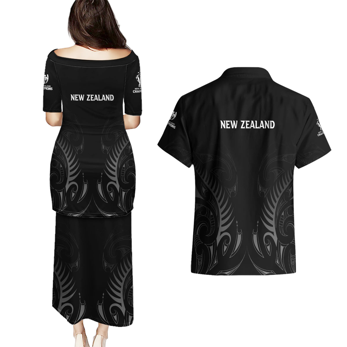 New Zealand Couples Matching Puletasi Dress and Hawaiian Shirt Rugby 2023 Champions Black DT02 - Polynesian Pride