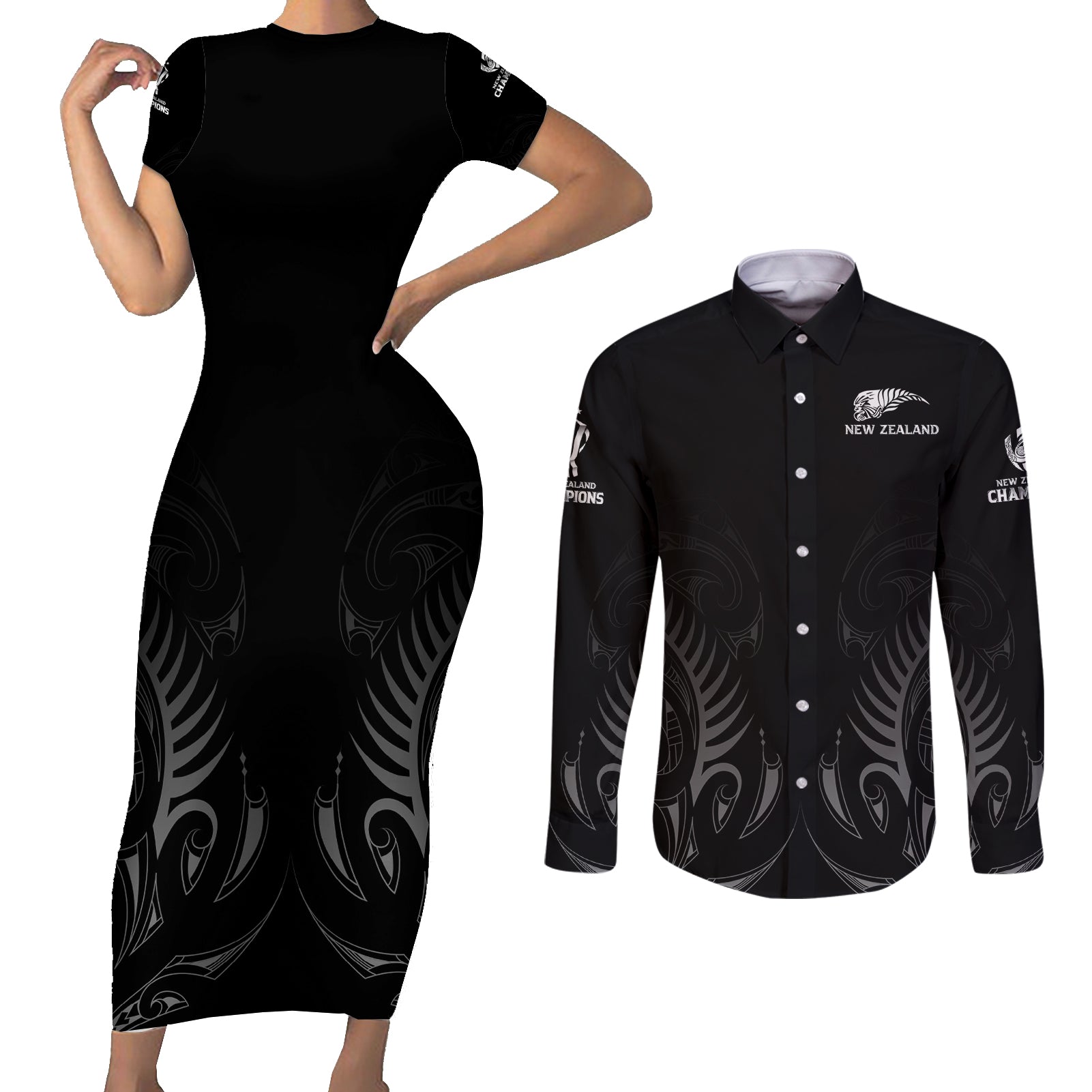 New Zealand Couples Matching Short Sleeve Bodycon Dress and Long Sleeve Button Shirt Rugby 2023 Champions Black DT02 Black - Polynesian Pride