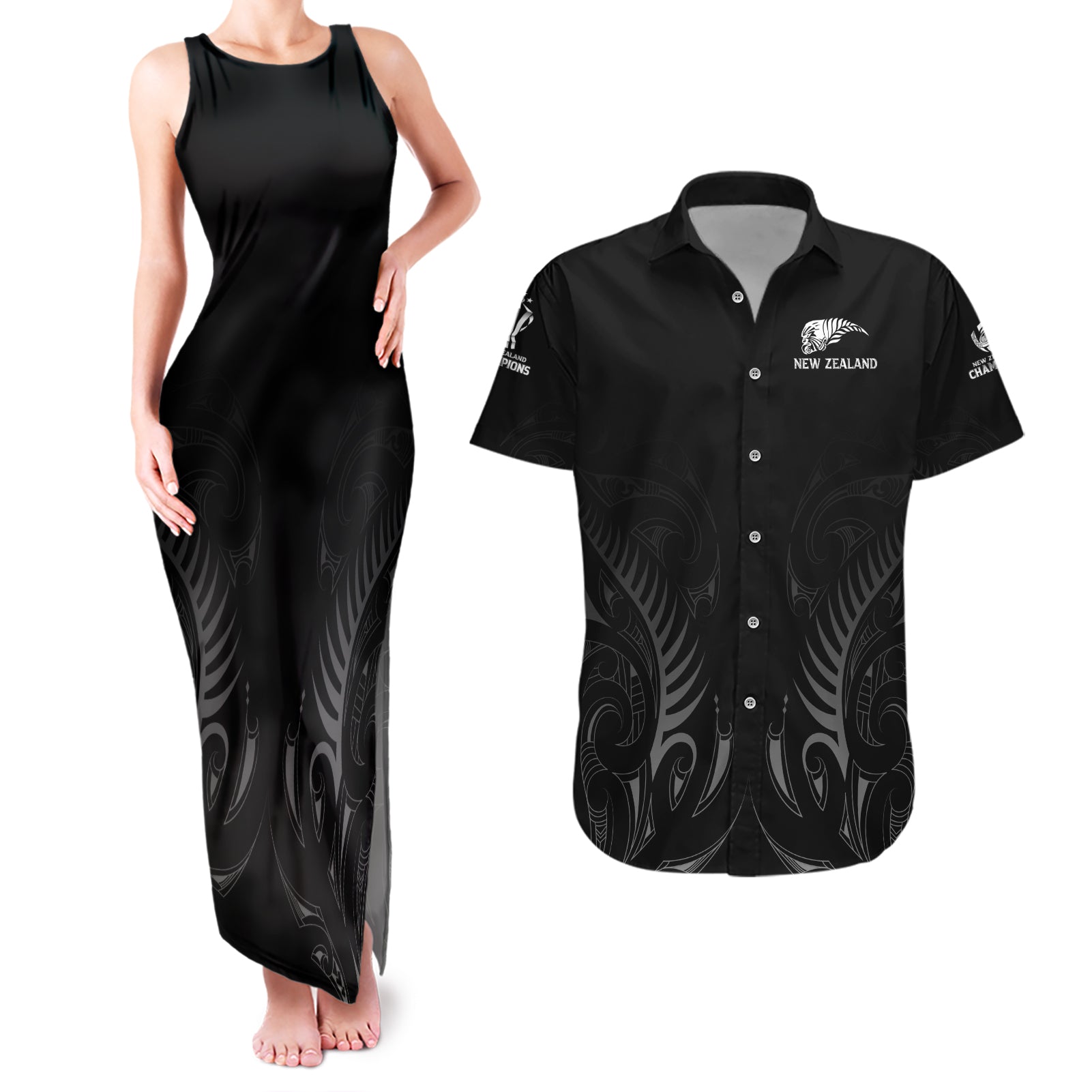 New Zealand Couples Matching Tank Maxi Dress and Hawaiian Shirt Rugby 2023 Champions Black DT02 Black - Polynesian Pride
