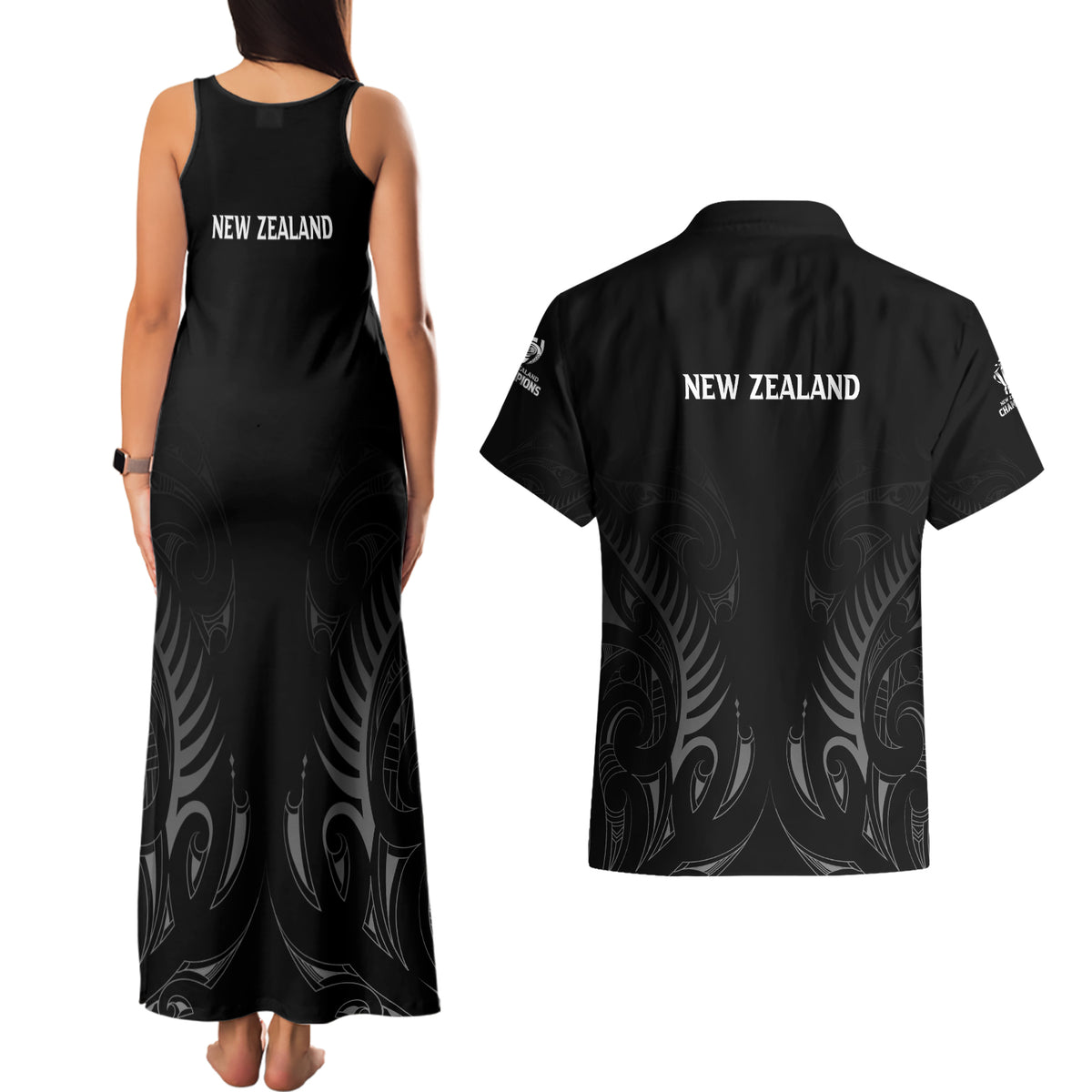 New Zealand Couples Matching Tank Maxi Dress and Hawaiian Shirt Rugby 2023 Champions Black DT02 - Polynesian Pride