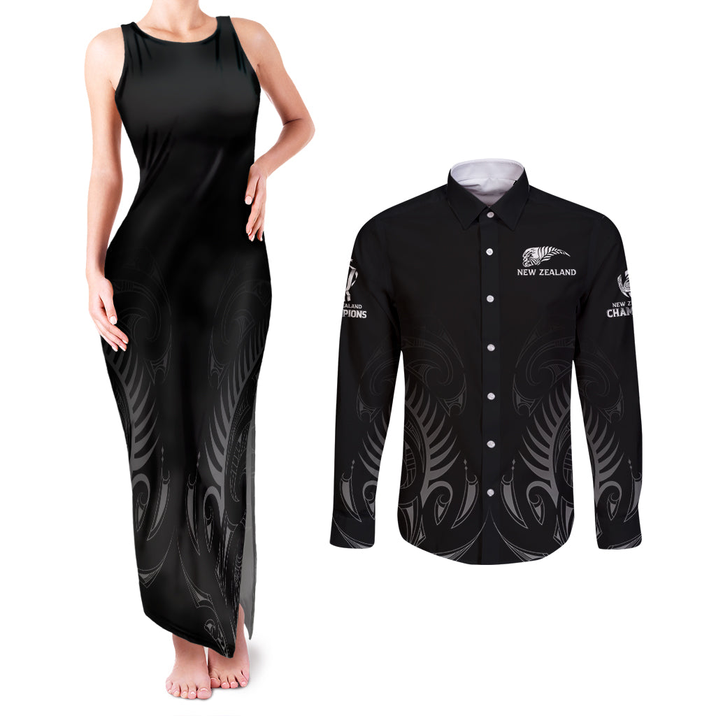 New Zealand Couples Matching Tank Maxi Dress and Long Sleeve Button Shirt Rugby 2023 Champions Black DT02 Black - Polynesian Pride