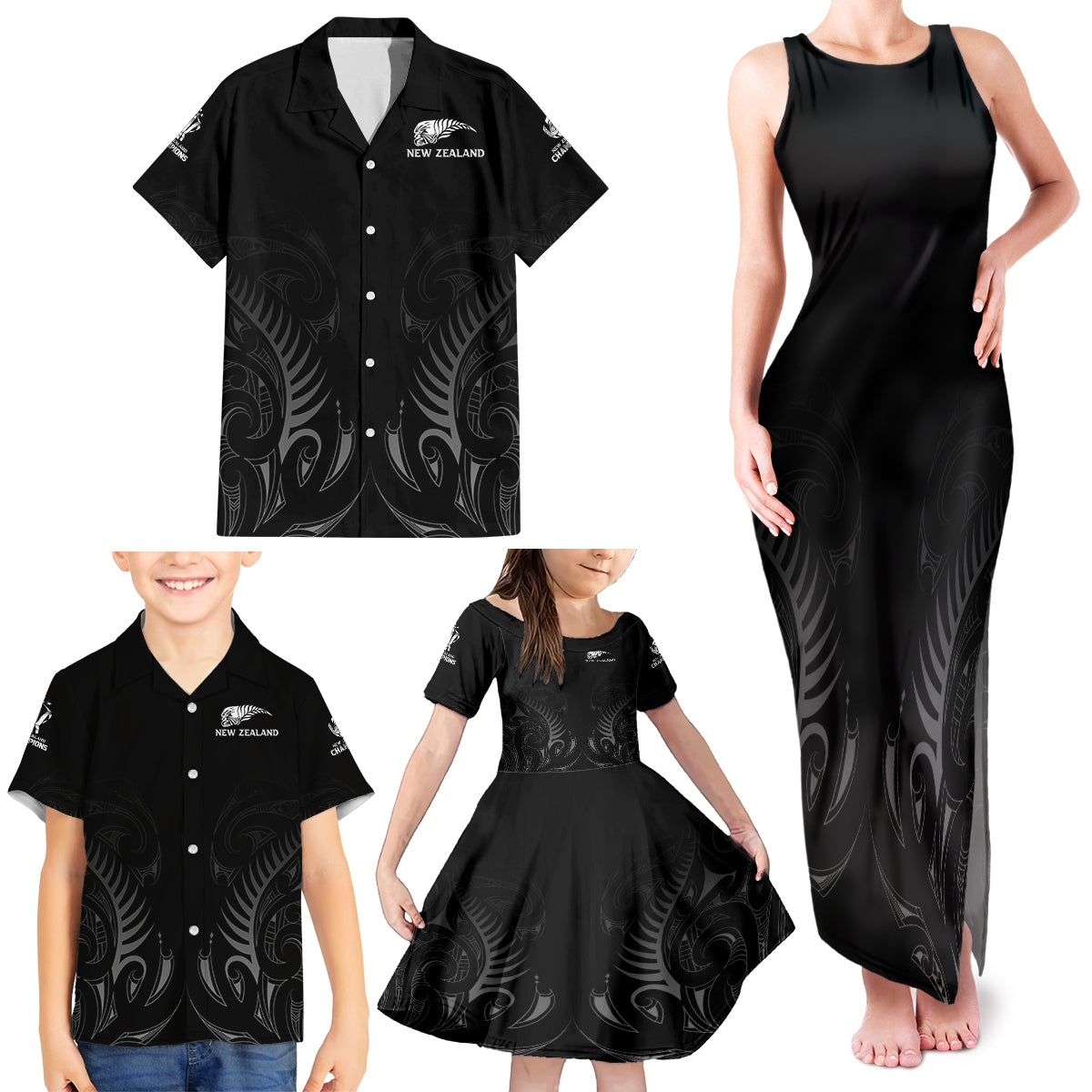 New Zealand Family Matching Tank Maxi Dress and Hawaiian Shirt Rugby 2023 Champions Black DT02 - Polynesian Pride