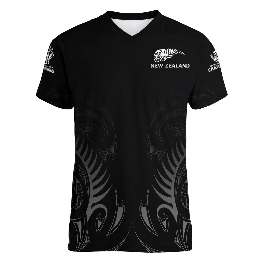 New Zealand Women V Neck T Shirt Rugby 2023 Champions Black DT02 Female Black - Polynesian Pride