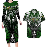 Personalised Warriors Maori Darts Couples Matching Long Sleeve Bodycon Dress and Hawaiian Shirt New Zealand Darts Silver Fern DT02 Green - Polynesian Pride