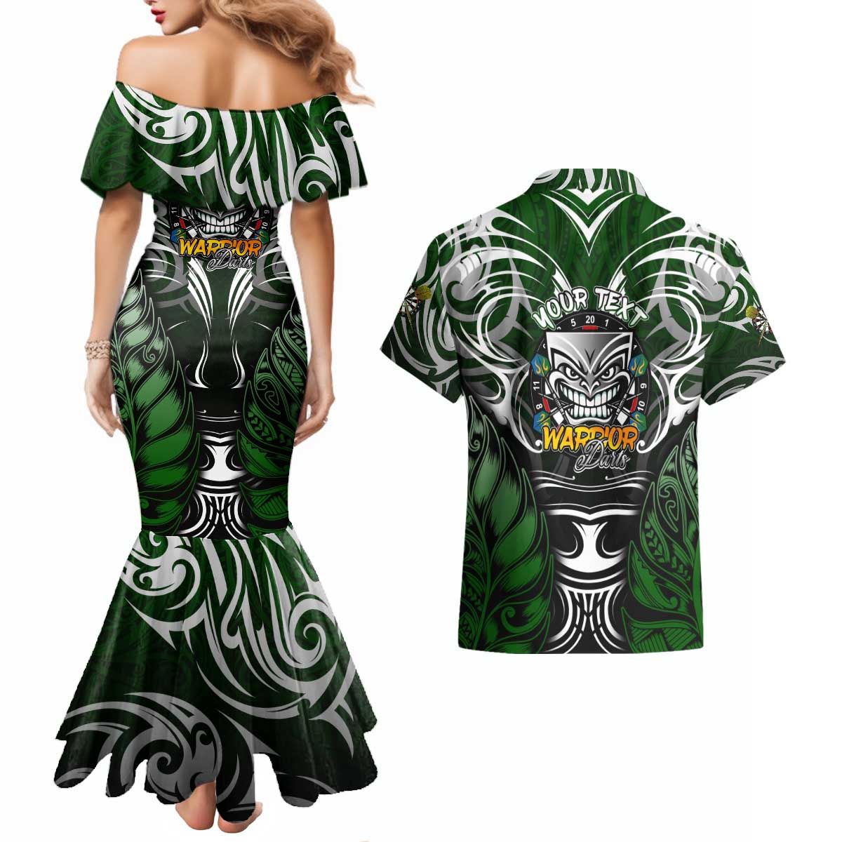 Personalised Warriors Maori Darts Couples Matching Mermaid Dress and Hawaiian Shirt New Zealand Darts Silver Fern DT02 - Polynesian Pride
