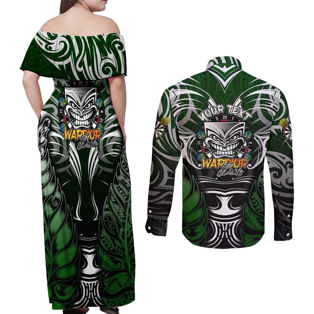 Personalised Warriors Maori Darts Couples Matching Off Shoulder Maxi Dress and Long Sleeve Button Shirt New Zealand Darts Silver Fern DT02 - Polynesian Pride