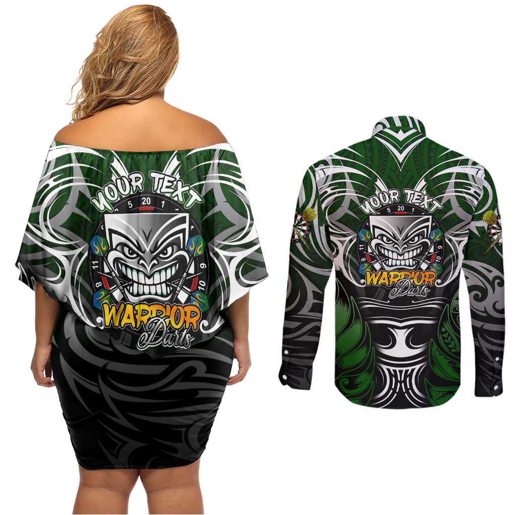 Personalised Warriors Maori Darts Couples Matching Off Shoulder Short Dress and Long Sleeve Button Shirt New Zealand Darts Silver Fern DT02 - Polynesian Pride