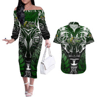 Personalised Warriors Maori Darts Couples Matching Off The Shoulder Long Sleeve Dress and Hawaiian Shirt New Zealand Darts Silver Fern
