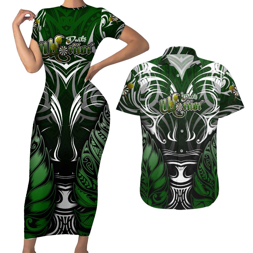 Personalised Warriors Maori Darts Couples Matching Short Sleeve Bodycon Dress and Hawaiian Shirt New Zealand Darts Silver Fern DT02 Green - Polynesian Pride