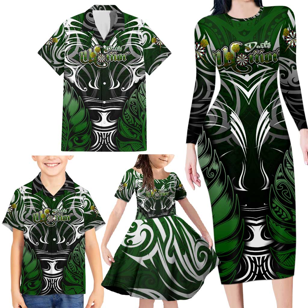 Personalised Warriors Maori Darts Family Matching Long Sleeve Bodycon Dress and Hawaiian Shirt New Zealand Darts Silver Fern DT02 - Polynesian Pride