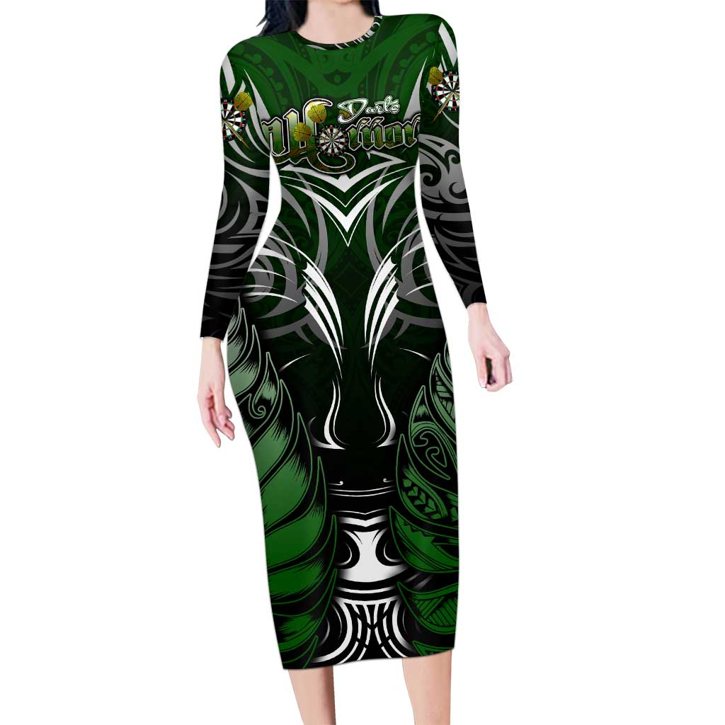 Personalised Warriors Maori Darts Family Matching Long Sleeve Bodycon Dress and Hawaiian Shirt New Zealand Darts Silver Fern DT02 Mom's Dress Green - Polynesian Pride